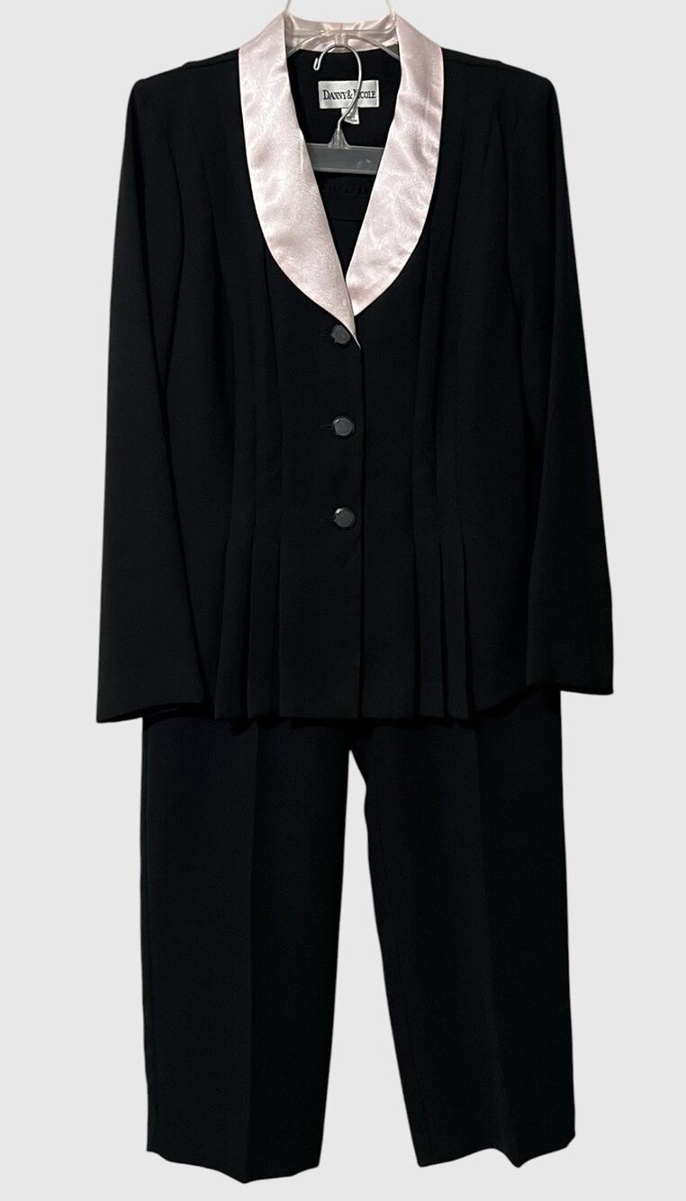 Danny Nicole Pant Suit Womens 10 Black Pink Satin Collar Tailored Quiet Luxury